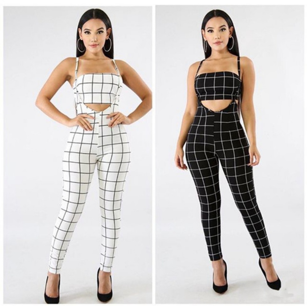 Black White Plaid Sexy Jumpsuit Summer Overall